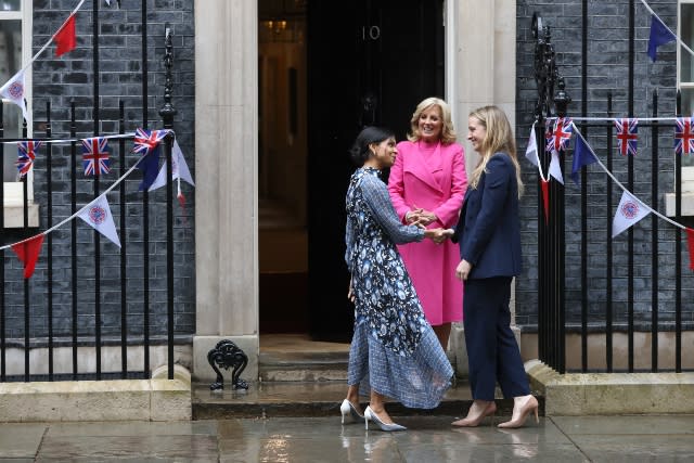 First Lady Jill Biden of the United States and and her granddaughter Finnegan Biden meet Akshata Murty, wife of British Prime Minister Rishi Sunak at number 10 Downing Street on May 5, 2023 in London, England.