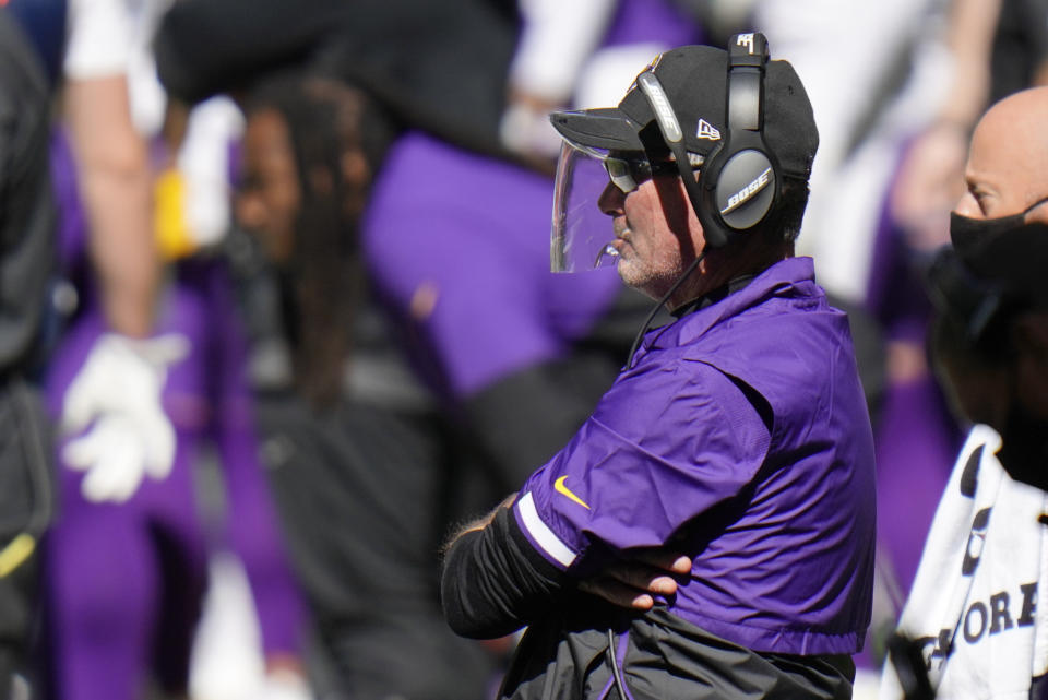 Minnesota Vikings head coach Mike Zimmer watches during the second half of an NFL football game against the Indianapolis Colts, Sunday, Sept. 20, 2020, in Indianapolis. (AP Photo/AJ Mast)