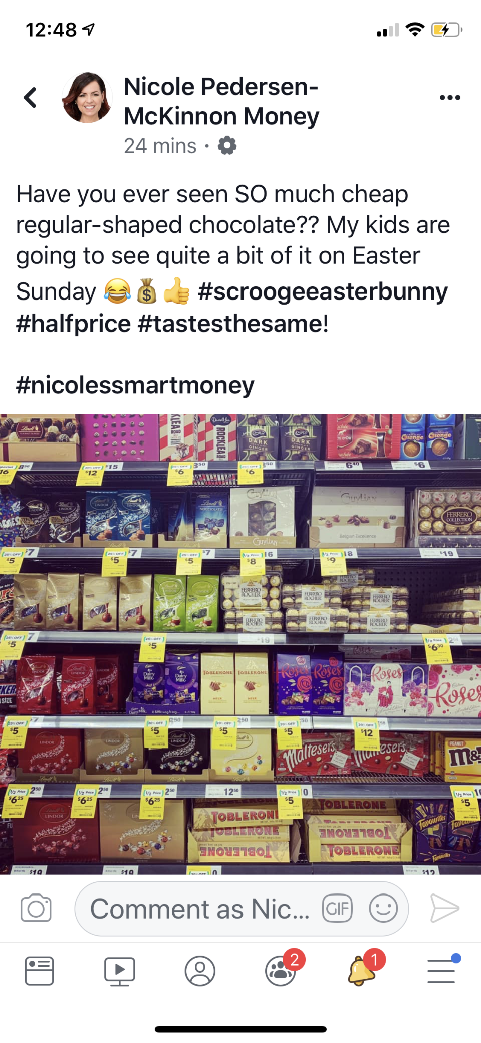 Nicole Pedersen-McKinnon's social media post showing chocolates on sale.