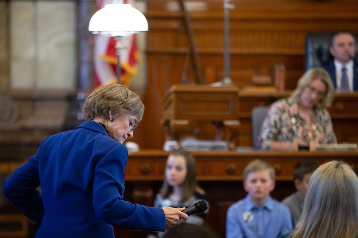 Sen. Beverly Gossage, R-Eudora, explains her vote during the Senate session Wednesday afternoon.