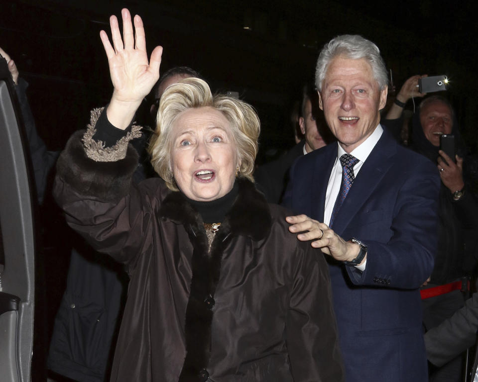 Former Secretary of State Hillary Clinton and former President Bill Clinton attend a Broadway musical at Circle in the Square Theatre in New York in February 2017. (Photo by Greg Allen/Invision/AP)