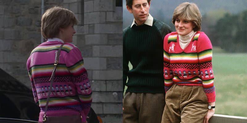 <p>The colorful fair isle sweater Princess Diana wore over a white turtleneck was known as the "Balmoral sweater," after she was photographed on the grounds of the Scottish estate with her then-fiancé, Prince Charles, wearing it. It's no surprise the show recreated the iconic pink sweater for season 4.</p>