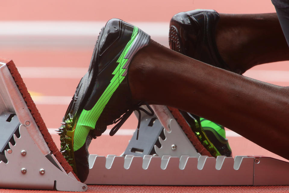 A detail view of Usain Bolt of Jamaica sneakers on the starters block prior to the Men's 200m Round 1 Heats on Day 11 of the London 2012 Olympic Games at Olympic Stadium on August 7, 2012 in London, England. (Getty Images)