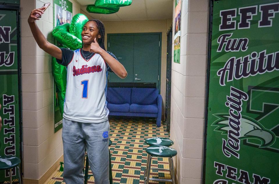 After being named 2023 IndyStar Miss Basketball, Zionsville High School's Laila Hull takes a picture Monday, March 13, 2023, to send to her family. 