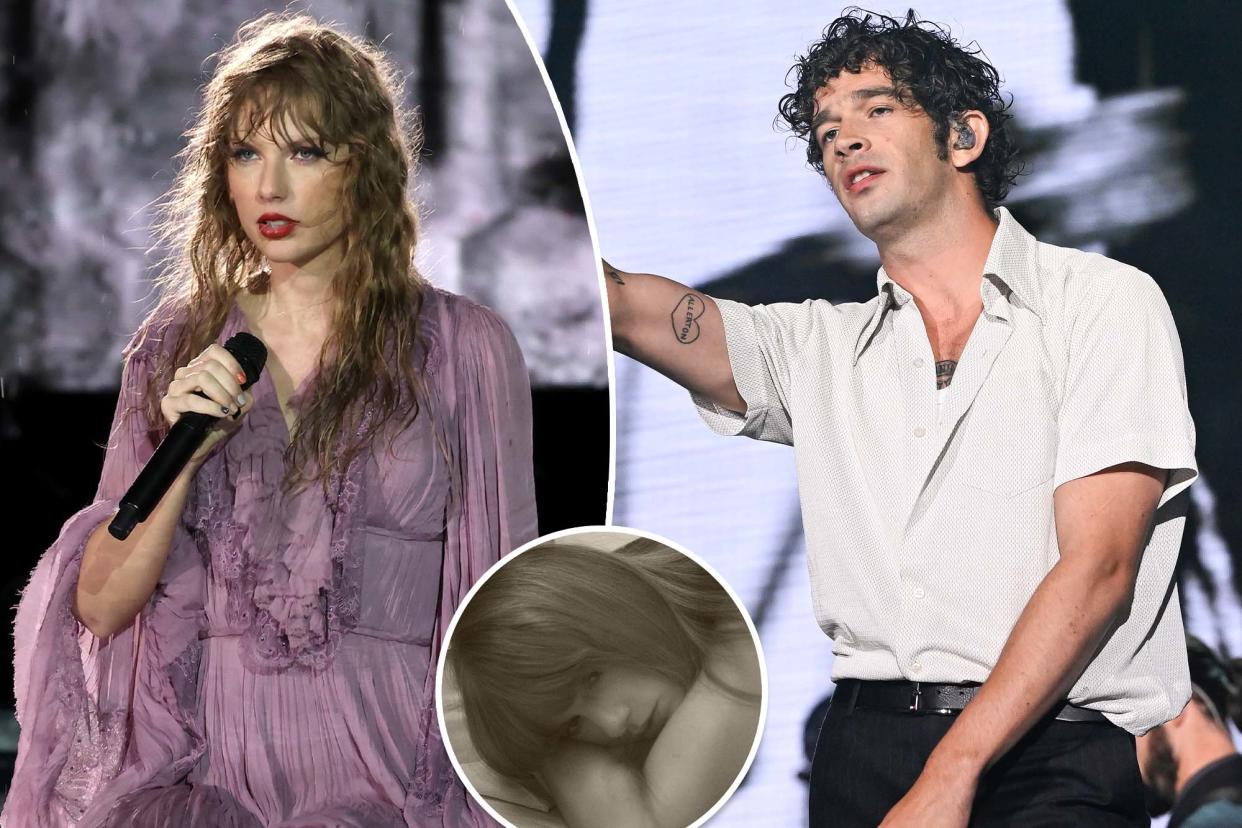 Taylor Swift and a man holding a microphone