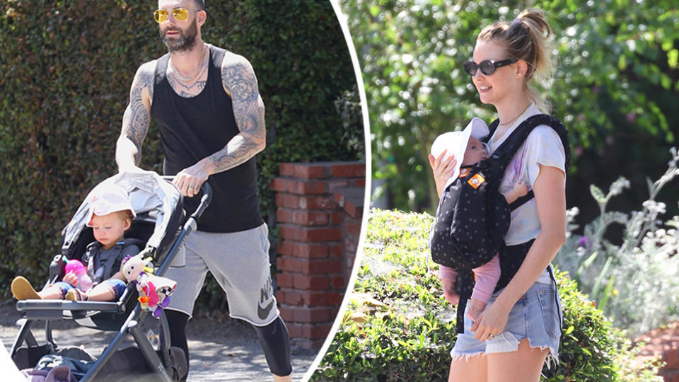 EXCLUSIVE: Adam Levine was spotted out for an afternoon walk through his Holmby Hills neighbourhood. He was joined by wife Behati Prinsloo. Source: Mega