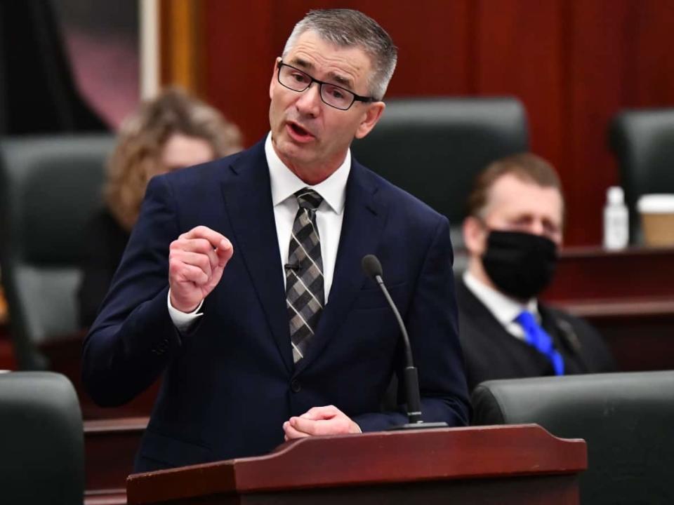 Former Alberta finance minister Travis Toews in the Alberta Legislature on Feb. 25, 2021. Toews says his presence in cabinet lessened the intensity of provincial COVID-19 restrictions. (Government of Alberta - image credit)