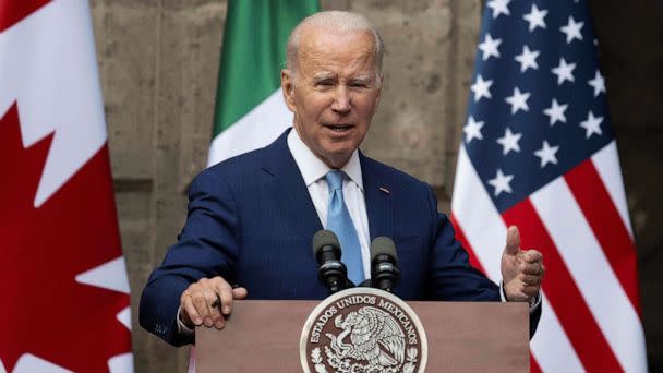 PHOTO: President Joe Biden speaks to the press following the 10th North American Leaders Summit, at The National Palace in Mexico City, Jan. 10, 2023. (Jim Watson/AFP via Getty Images)