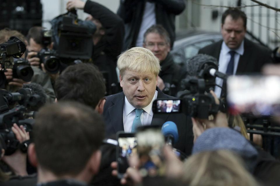 FILE - London Mayor Boris Johnson makes a statement outside his home in London, Feb. 21, 2016, announcing his support for the Leave campaign. The U.K. election in December 2019 was basically about one issue: Brexit. General elections in the U.K. are typically held in the spring or early summer. But in the fall of 2019, the recently-appointed Prime Minister Boris Johnson gambled on holding one on December 12, when most people just want to get ready for Christmas and would rather think of anything but politics. (AP Photo/Tim Ireland, File)