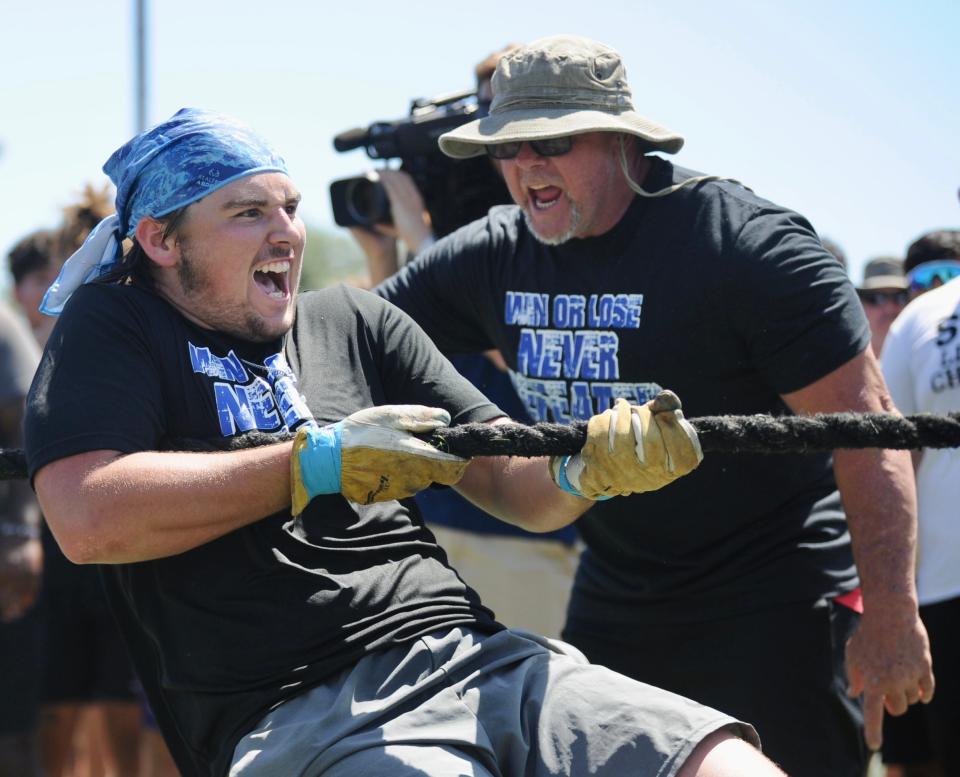 An athlete from Coleman competes in tug of war at the State Lineman Challenge at Hardin-Simmons on Saturday.