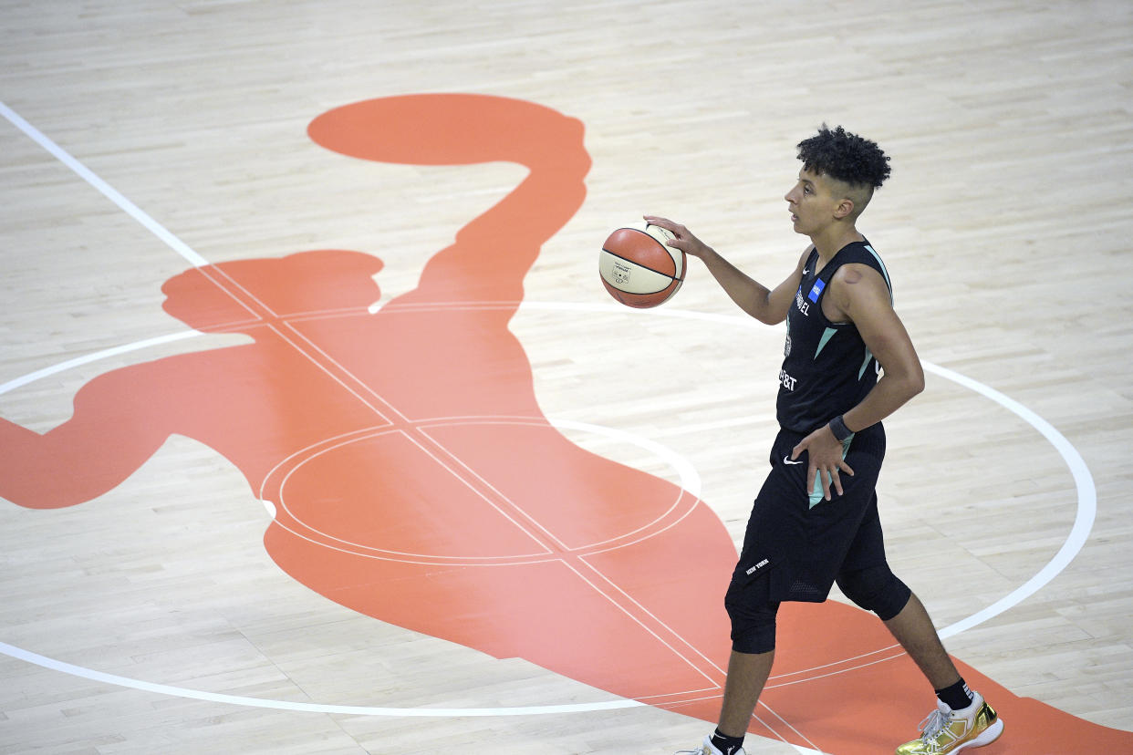 Layshia Clarendon is one of a number of WNBA players competing in the Athletes Unlimited Basketball tournament. (AP Photo/Phelan M. Ebenhack)