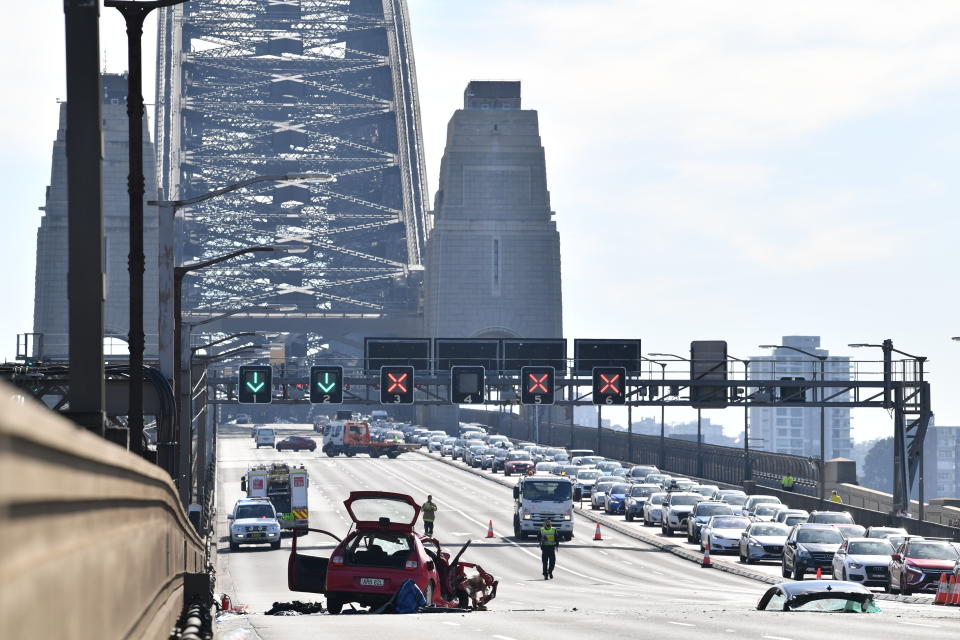 The wreckage of the multi-car accident on the Sydney Harbour Bridge. Source: AAP