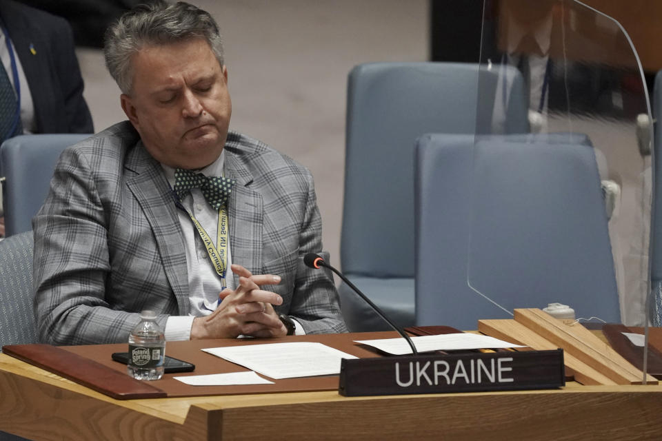 Ukraine Ambassador Sergiy Kyslytsya listens during a meeting of the United Nations Security Council on the humanitarian crisis in Ukraine, Thursday, March 17, 2022, at U.N. headquarters. (AP Photo/Bebeto Matthews)