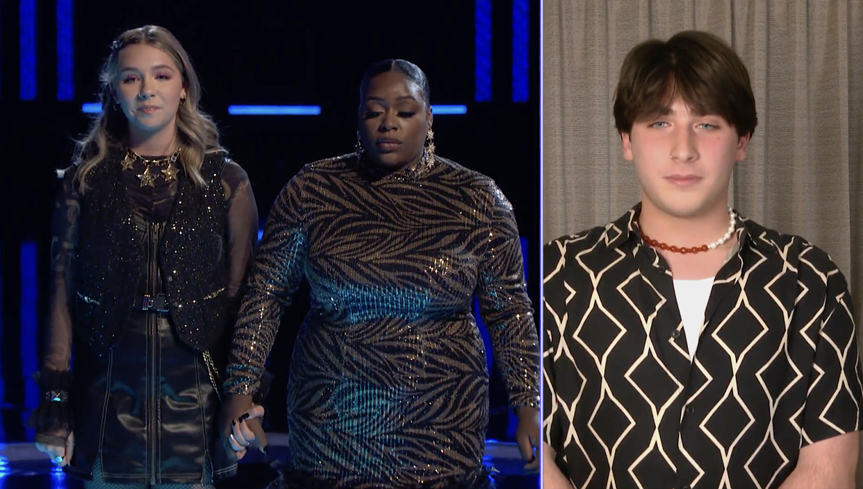 Bottom three Rowan Grace and Kim Cruse await their fate, while Kiqué waits in COVID lockdown, on 'The Voice' Season 22's top 10 results show. (Photo: NBC)