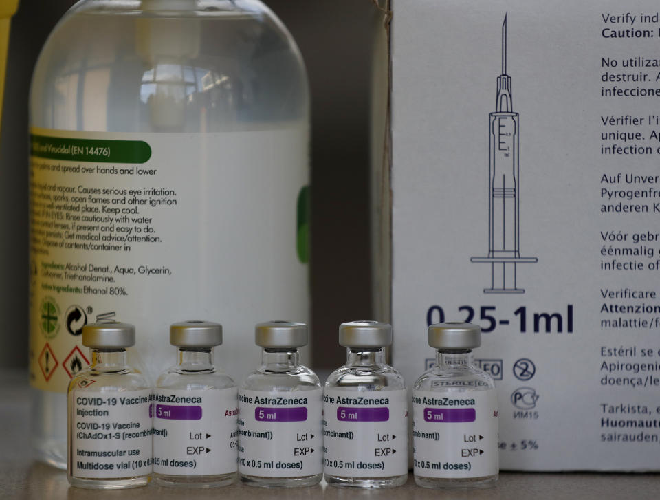 FILE - In this Feb. 5, 2021 file photo, AstraZeneca vaccines ready to be used at the Wellcome Centre in Ilford, east London. As Poland began vaccinating teachers on Friday Feb. 12, 2021 many say they are unhappy that they are getting AstraZeneca vaccines against the coronavirus, rather than the Pfizer shots earmarked for health care workers and the elderly. Nearly a year into the pandemic, many Europeans and others globally are desperate to get vaccinated and return to normal life. But many don't want just any vaccine. (AP Photo/Frank Augstein, File)