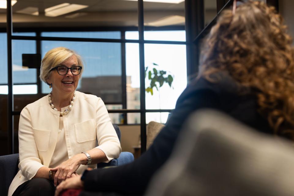Becky Edwards, facing, speaks during an interview with Deseret News reporter Holly Richardson at the Triad Center in Salt Lake City on Monday, Dec. 4, 2023. | Megan Nielsen, Deseret News