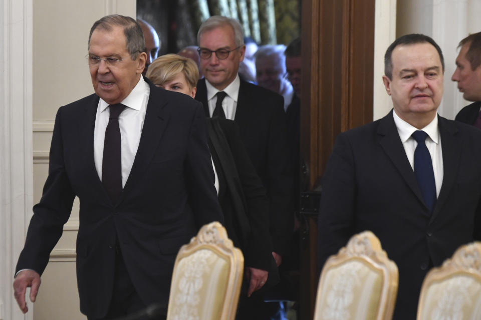Russian Foreign Minister Sergey Lavrov, left, and his Serbian counterpart Ivica Dacic, enter a hall for their talks in Moscow, Russia, Thursday, March 21, 2024. (Olga Maltseva /Pool Photo via AP)