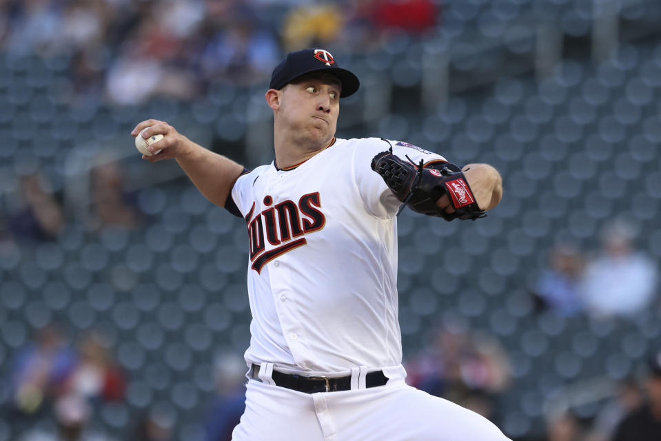 Minnesota Twins starting pitcher Josh Winder throws to an Oakland Athletics batter during the first inning of a baseball game Friday, May 6, 2022, in Minneapolis. (AP Photo/Stacy Bengs)