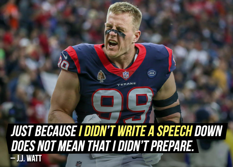 It seems like <a href="https://sports.yahoo.com/jj-watt-houston-texans-gave-wisconsin-graduation-address-232553834.html" data-ylk="slk:J.J. Watt knew exactly what to say;elm:context_link;itc:0;sec:content-canvas;outcm:mb_qualified_link;_E:mb_qualified_link;ct:story;" class="link  yahoo-link">J.J. Watt knew exactly what to say</a> to the graduating class during his commencement speech at Wisconsin.