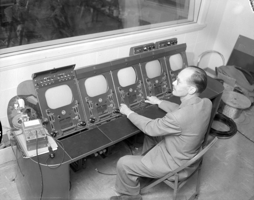 Dec. 14, 1952: Ed Talbott, KROD-TV's chief engineer, checks out one of the control panels in the new building constructed at the station to handle the introduction of television to El Pasoans. The small size television screens allow engineers to monitor all of the television cameras in action in the various studios at one time. The control panel which Talbot is checking is just a small part of the $240,000 worth of new television equipment that has been installed by KROD-TV.