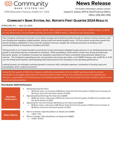 Q1 2024 CBU Earnings Release Supplemental