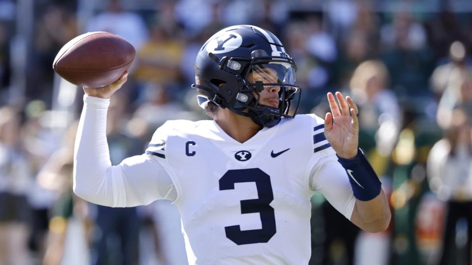 BYU quarterback Jaren Hall passes against Baylor on Oct. 16.