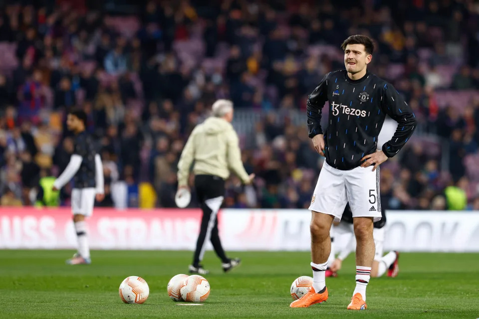 BARCELONA, SPAIN - FEBRUARY 16: Harry Maguire of Manchester United looks on during the UEFA Europa League, knockout round play-off, football match played between FC Barcelona and Manchester United at Spotify Camp Nou stadium on February 16, 2023, in Barcelona, Spain. (Photo By Oscar J. Barroso/Europa Press via Getty Images)