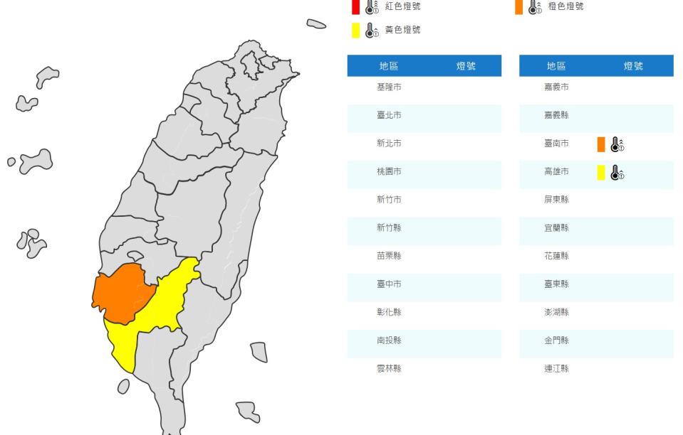 氣象局發布高溫資訊，臺南市近山區或河谷為橙色燈號，有連續出現36度高溫的機率，高雄市近山區或河谷為黃色燈號，高溫達36度以上。（圖：氣象局網站）