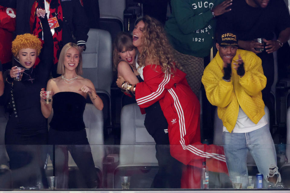 Taylor Swift and Blake Lively react in the second quarter of Super Bowl LVIII  on Febr. 11, 2024 in Las Vegas. / Credit: Rob Carr/Getty Images