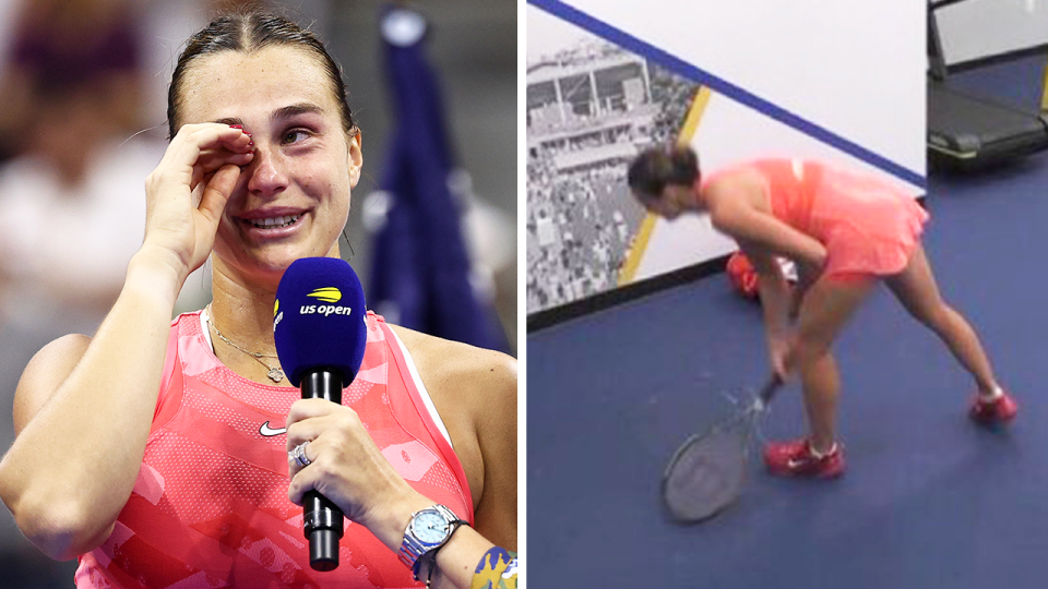Aryna Sabalenka in tears and Sabalenka smashing a racquet.