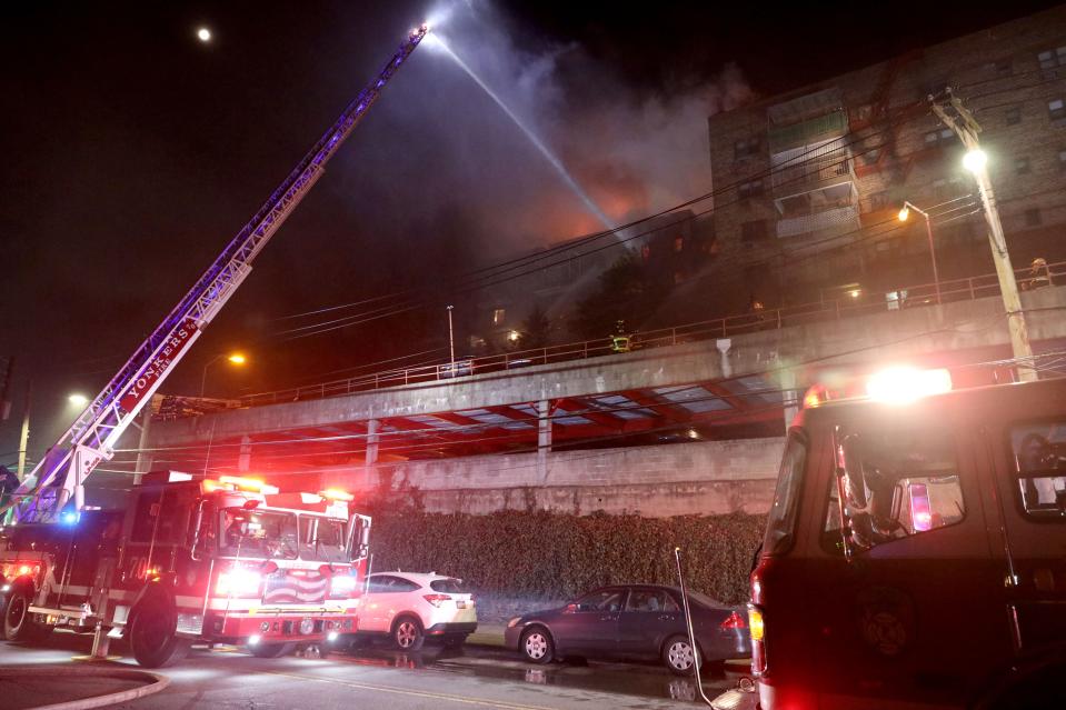 Yonkers firefighters and mutual aid companies battle a 4-alarm fire at 671 Bronx River Road, early Wednesday morning, March 8, 2023. 