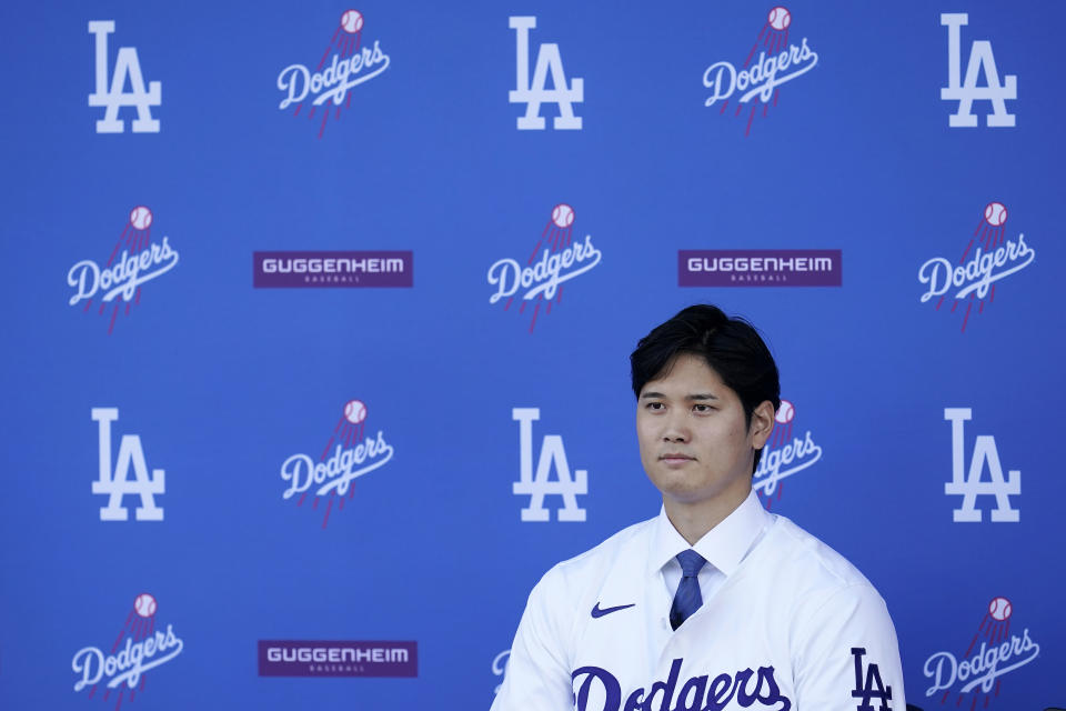 Los Angeles Dodgers' Shohei Ohtani speaks during a baseball news conference at Dodger Stadium Thursday, Dec. 14, 2023, in Los Angeles. (AP Photo/Marcio Jose Sanchez)