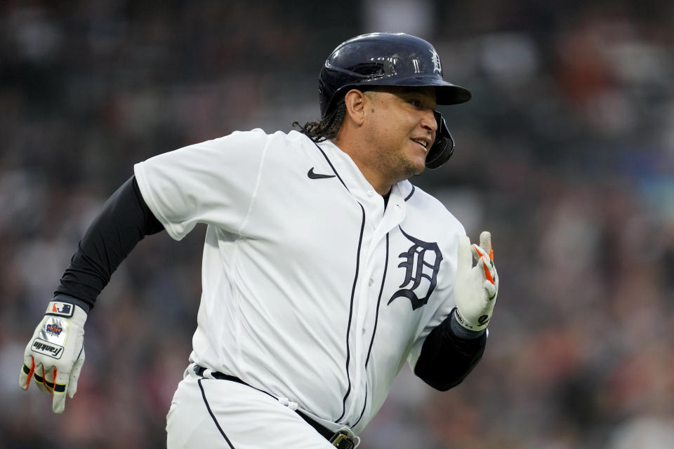 Detroit Tigers' Miguel Cabrera hits a double against the Cleveland Guardians in the first inning of a baseball game, Friday, Sept. 29, 2023, in Detroit. (AP Photo/Paul Sancya)