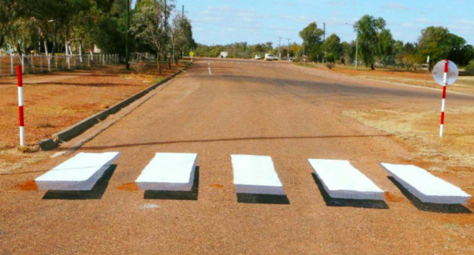 Boulia was the first town in Australia to install a 3D illusion of a zebra crossing to slow down drivers. Source: Facebook/Remote Area Planning and Development Board