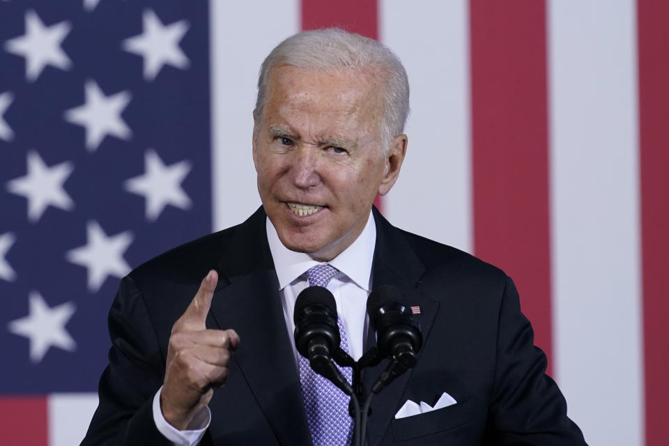 FILE - President Joe Biden speaks about his infrastructure plan and his domestic agenda during a visit to the Electric City Trolley Museum in Scranton, Pa., on Oct. 20, 2021. (AP Photo/Susan Walsh, File)