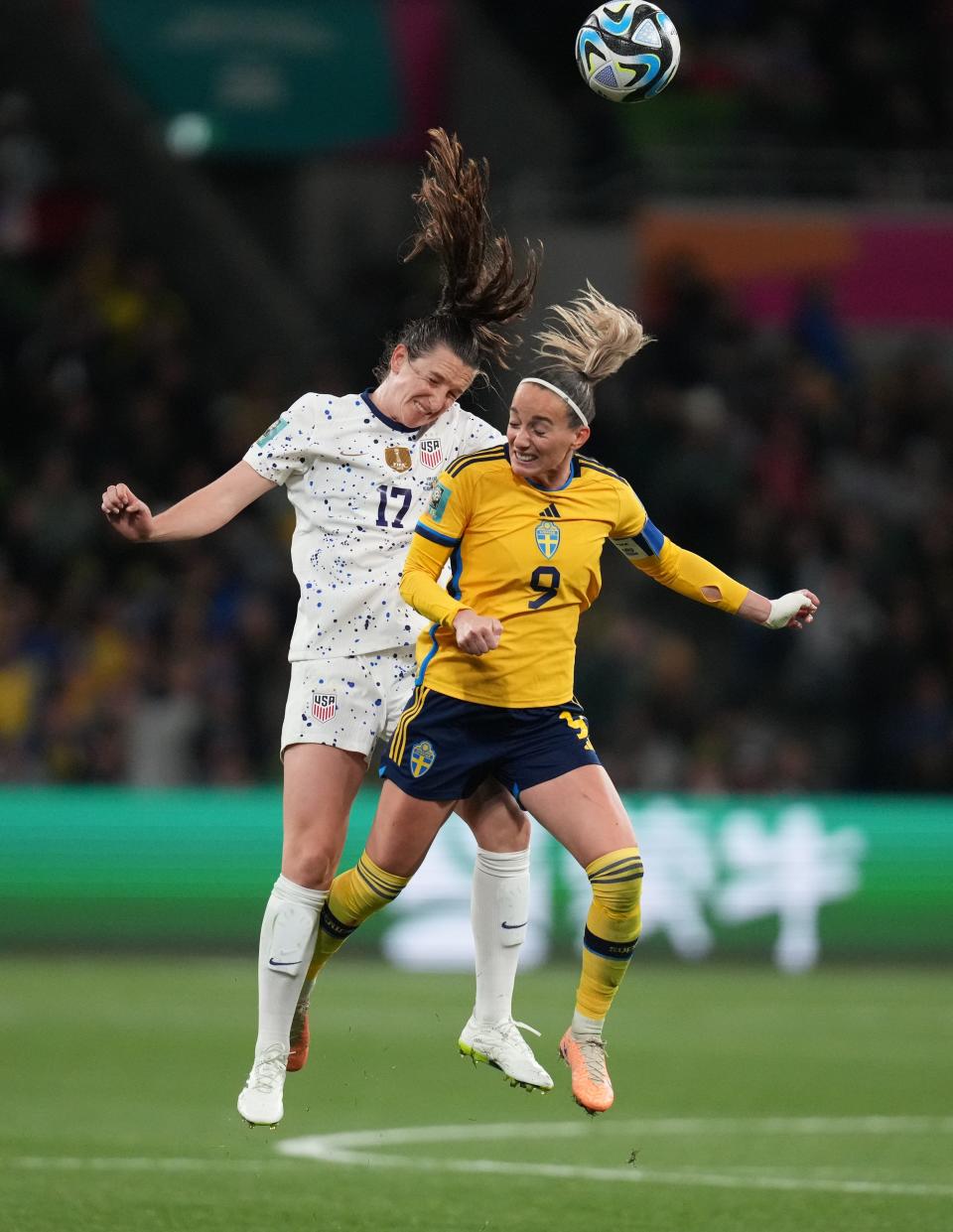 Aug 6, 2023; Melbourne, AUS; United States midfielder Andi Sullivan (17) battles for a header against Sweden midfielder Kosovare Asllani (9) in the second half of a Round of 16 match during the 2023 FIFA Women's World Cup at Melbourne Rectangular Stadium. Mandatory Credit: Jenna Watson-USA TODAY Sports