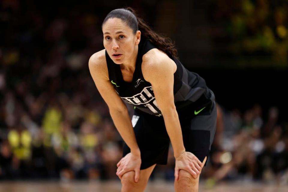 Sue Bird #10 of the Seattle Storm reacts during the fourth quarter against the Las Vegas Aces during the last regular season game of her career against the Las Vegas Aces at Climate Pledge Arena on August 07, 2022 in Seattle, Washington. (Photo by Steph Chambers/Getty Images)