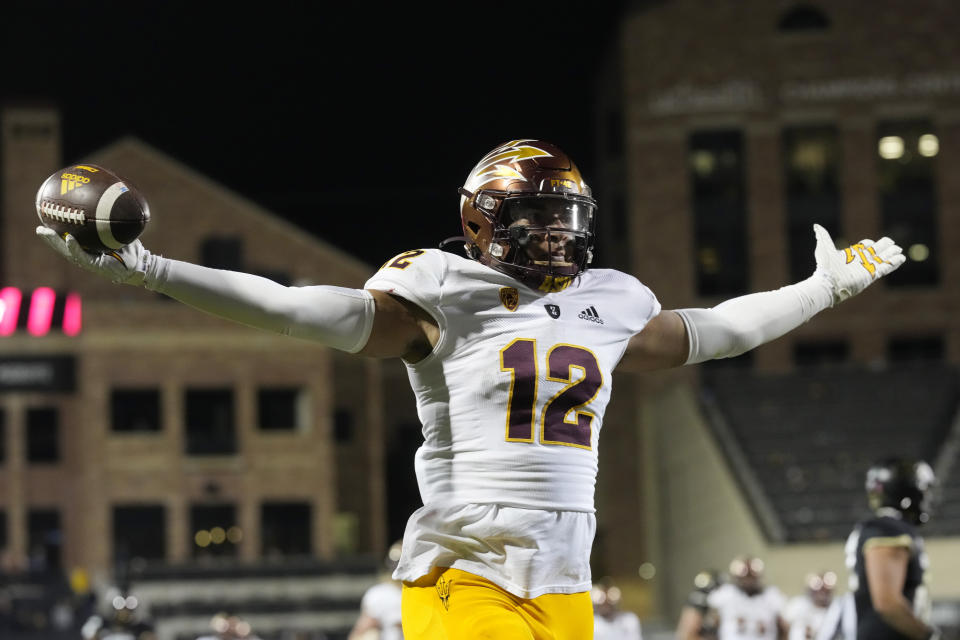 Arizona State tight end Jalin Conyers reacts after catching a pass for a touchdown against Colorado in the second half of an NCAA college football game Saturday, Oct. 29, 2022, in Boulder, Colo. (AP Photo/David Zalubowski)