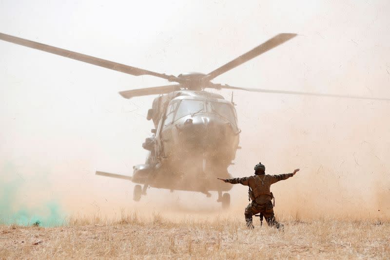 FILE PHOTO: A NH 90 Caiman military helicopter lands during the regional anti-insurgent Operation Barkhane in Inaloglog