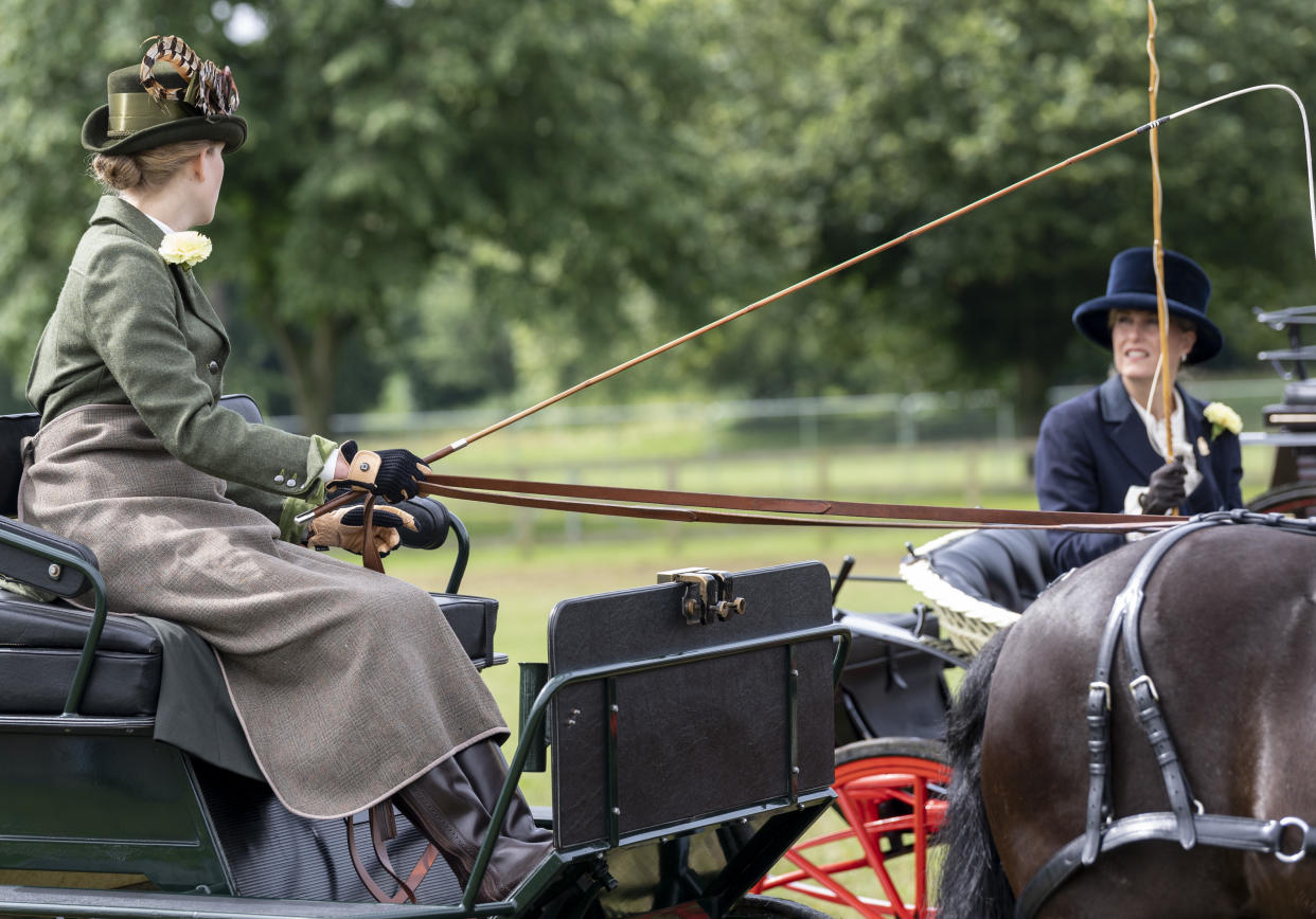 WINDSOR, ENGLAND - JULY 4: Lady Louise Windsor and Sophie, Countess of Wessex take part in 'The Champagne Laurent-Perrier Meet of the British Driving Society during the Royal Windsor Horse Show 2021 at Windsor Castle on July 4, 2021 in Windsor, England. (Photo by Mark Cuthbert/UK Press via Getty Images)