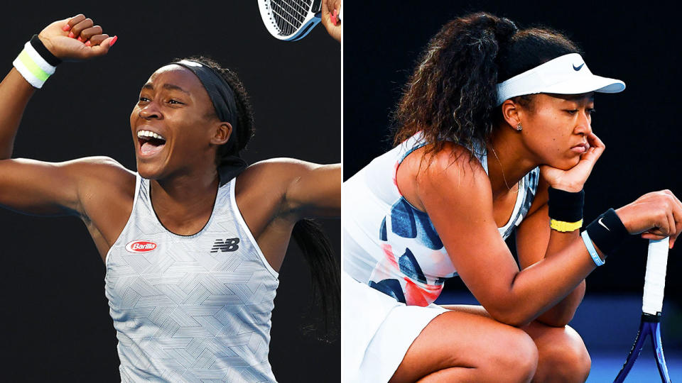 Pictured here, Coco Gauff celebrates as a shattered Naomi Osaka reflects on defeat.