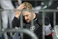 San Francisco Giants catcher Tom Murphy walks to the clubhouse during the second inning of a baseball game against the Philadelphia Phillies, Saturday, May 4, 2024, in Philadelphia. (AP Photo/Matt Slocum)