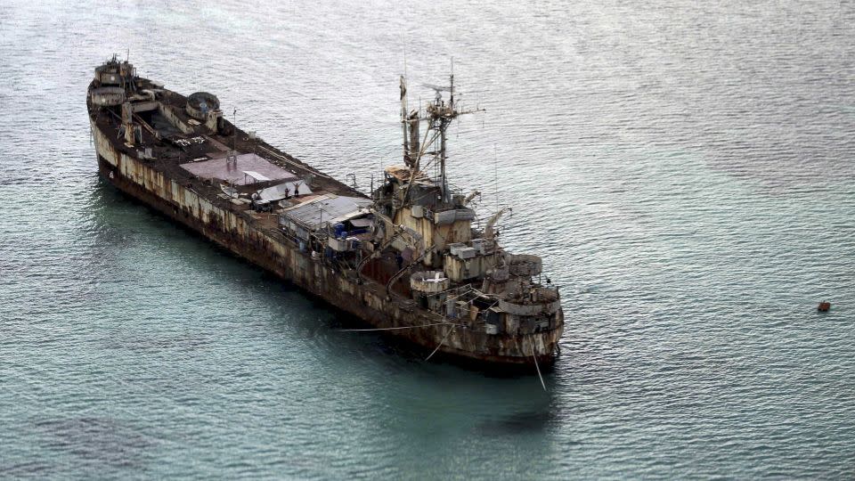 Filipino soldiers on the dilapidated Sierra Madre ship, anchored near the Second Thomas Shoal in the South China Sea, on May 11, 2015. - Ritchie A. Tongo/Pool/Reuters/File