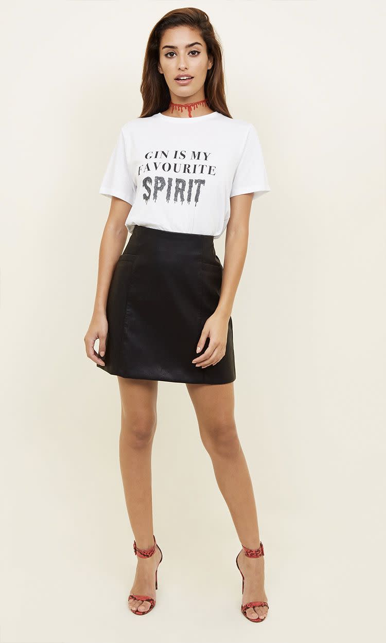 <p>Slogan t-shirt, £8.99, New Look <a rel="nofollow noopener" href="https://www.newlook.com/uk/womens/clothing/tops/white-gin-is-my-favourite-spirit-slogan-t-shirt/p/602897601?comp=Browse" target="_blank" data-ylk="slk:BUY NOW;elm:context_link;itc:0;sec:content-canvas" class="link ">BUY NOW</a></p><p>Red silicone blood drip choker, £2.99, New Look <a rel="nofollow noopener" href="https://www.newlook.com/uk/womens/accessories/jewellery/red-silicone-blood-drip-choker/p/601662860?comp=Browse" target="_blank" data-ylk="slk:BUY NOW;elm:context_link;itc:0;sec:content-canvas" class="link ">BUY NOW</a></p>