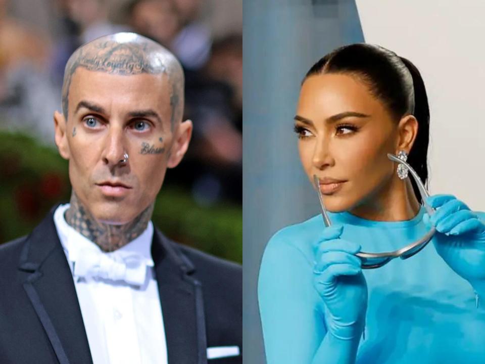 left: travis barker looking to the side wearing a white shirt and dark blazer; right: kim kardashian in a bright blue dress holding sunglasses away from her face and looking to the side