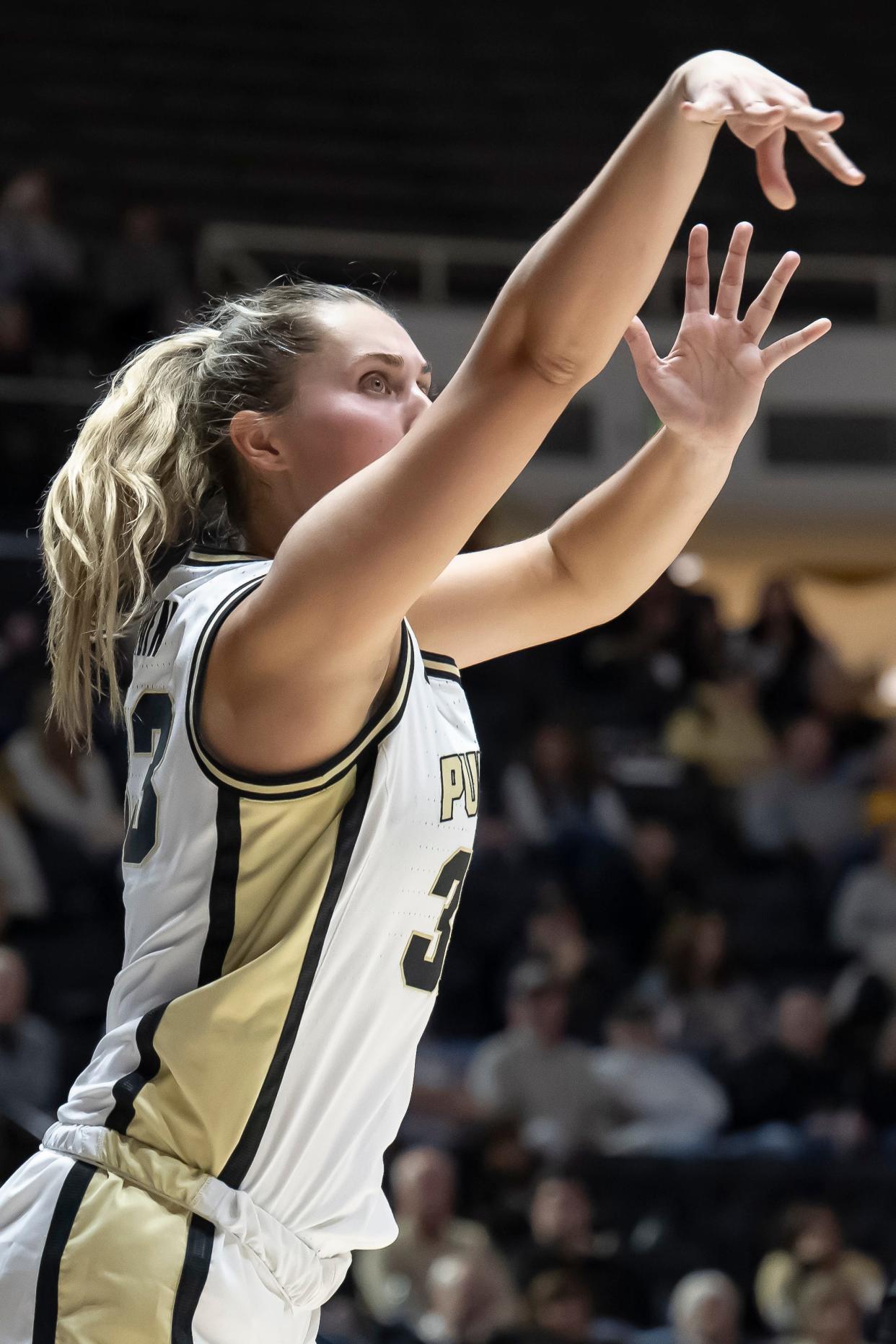 Purdue Boilermakers guard Madison Layden (33) hits a shot from deep during the NCAA women’s basketball game against the Southern Jags, Sunday, Nov. 12, 2023, at Mackey Arena in West Lafayette, Ind. Purdue won 67-50.