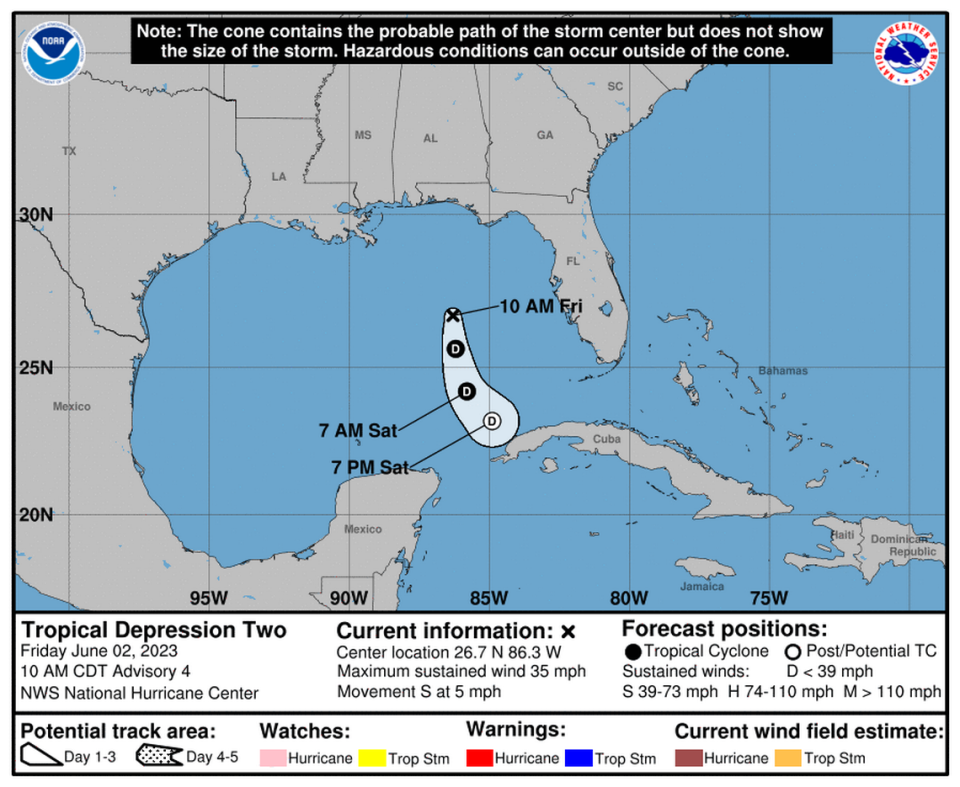 Tropical Depression Two is expected to remain weak and offshore through Saturday.