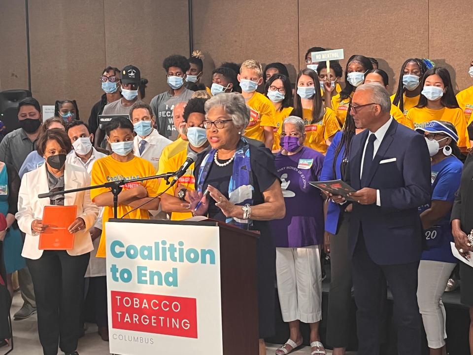 Councilwoman Joyce Beatty discusses the importance of ending the sale of flavored tobacco products for the benefit of the youth and the Black community at a press conference for the Coalition to End Tobacco Targeting on Thursday, August 4, 2022.