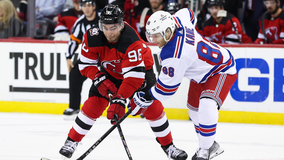 Timo Meier, left, and Patrick Kane, right, were two of the biggest stars moved at the NHL trade deadline. (Photo by Andrew Mordzynski/Icon Sportswire via Getty Images)