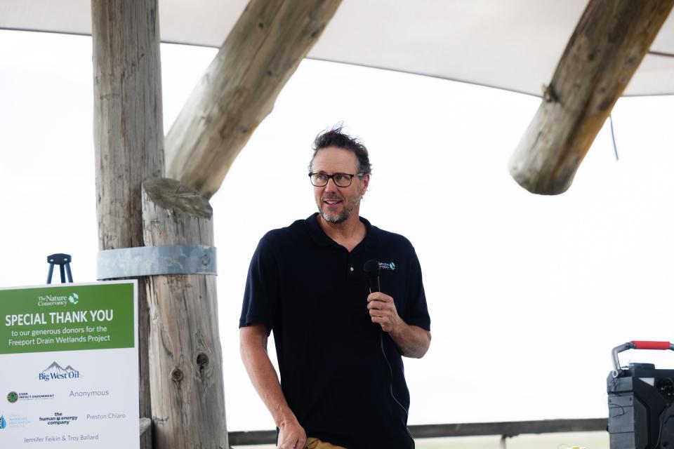 Chris Brown, director of stewardship with The Nature Conservancy, speaks about the completion of the Freeport Drain project at the Great Salt Lake Shorelands Preserve in Layton on Wednesday, May 17, 2023. | Ryan Sun, Deseret News